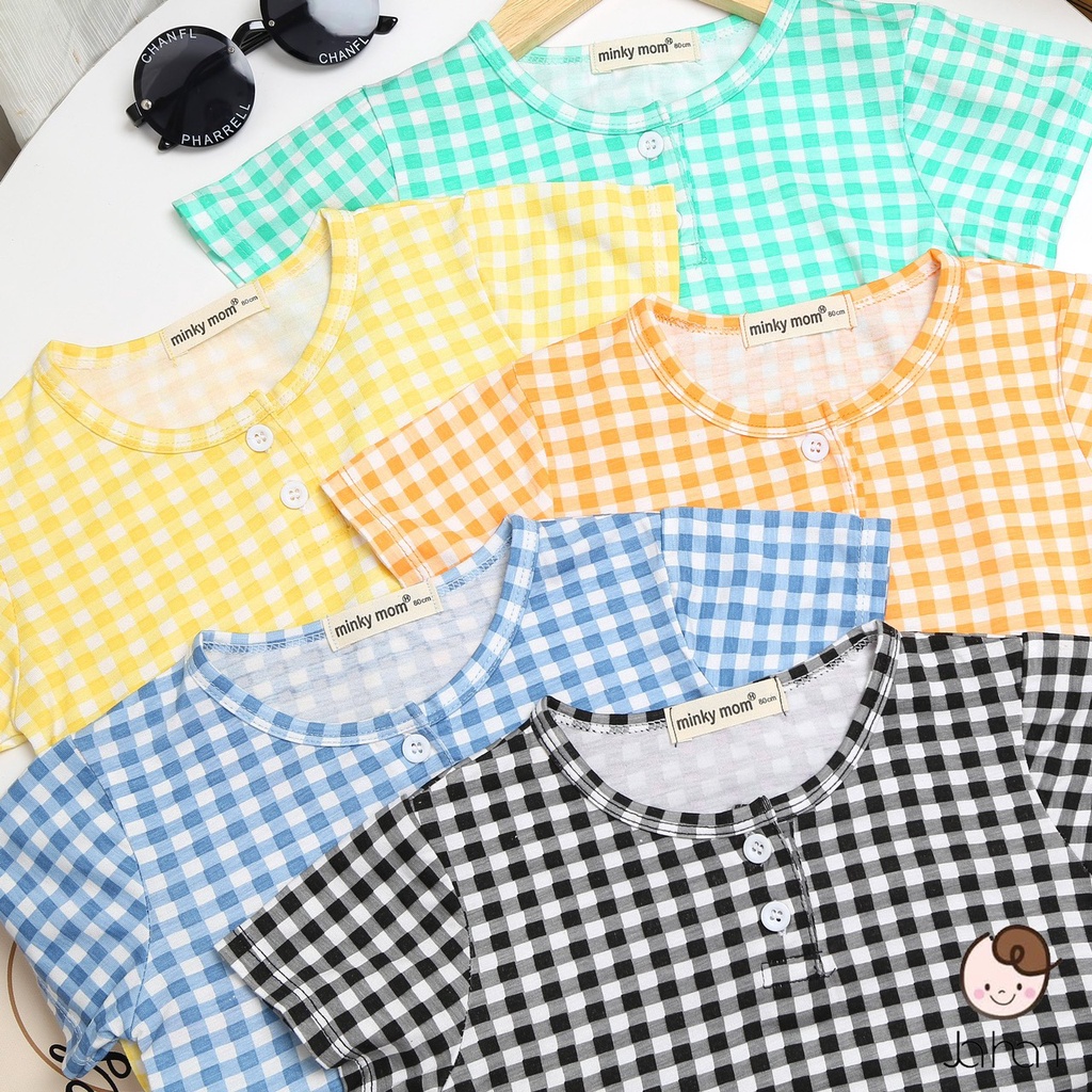 Bộ Ngắn Tay Nút Giữa MinkyMom Họa Tiết Caro Đáng Yêu Cho Bé Gái Chất Thun Lạnh Thoáng Mát Mềm Mại Mặc Mùa Hè