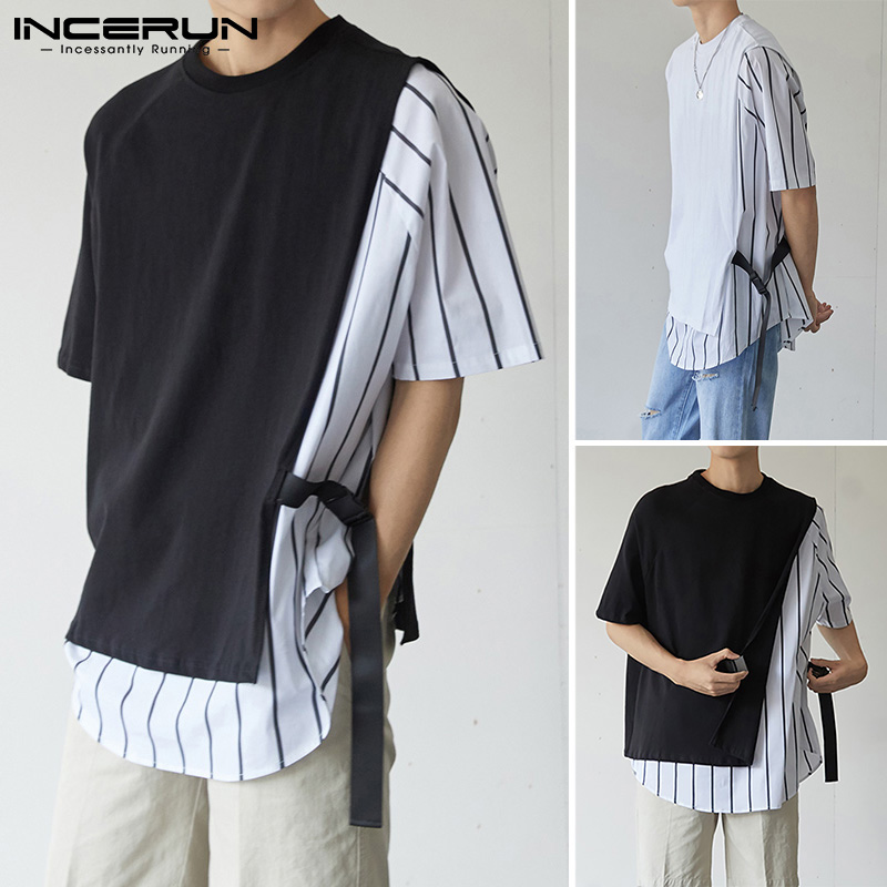 Áo Giả Hai Mảnh INCERUN Tay Ngắn Họa Tiết Sọc Thời Trang Cho Nam
