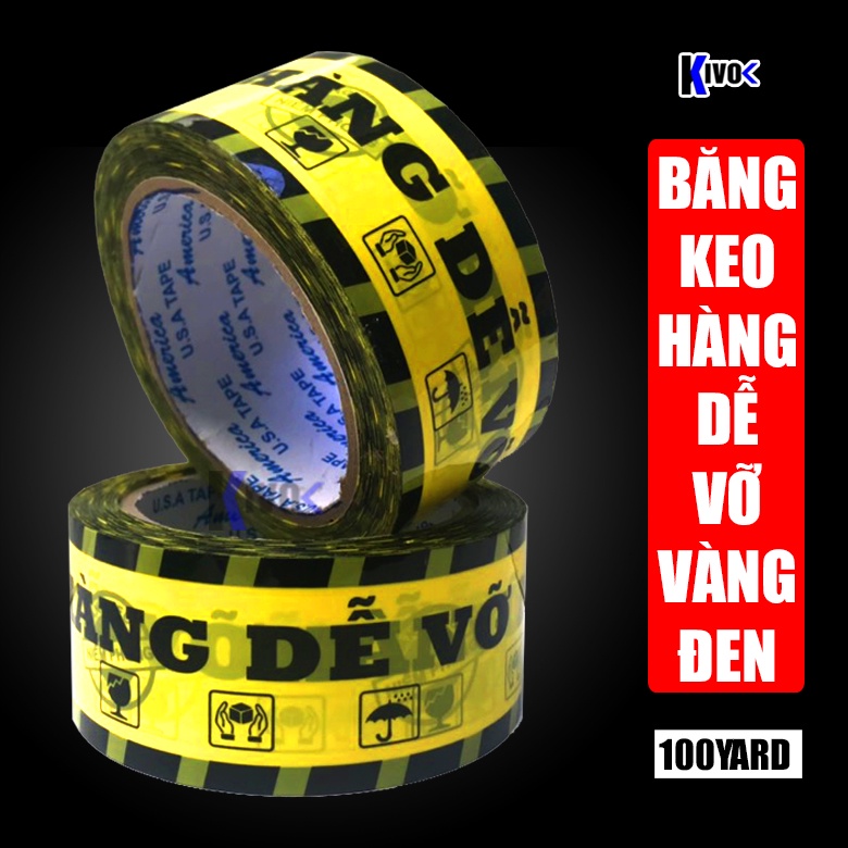 Băng Keo Hàng Dễ Vỡ Màu Vàng 100 Yard - Băng Dính In Chữ Hàng Dễ Vỡ Dán Niêm Phong Gói hàng, Đóng Hàng- Kivo