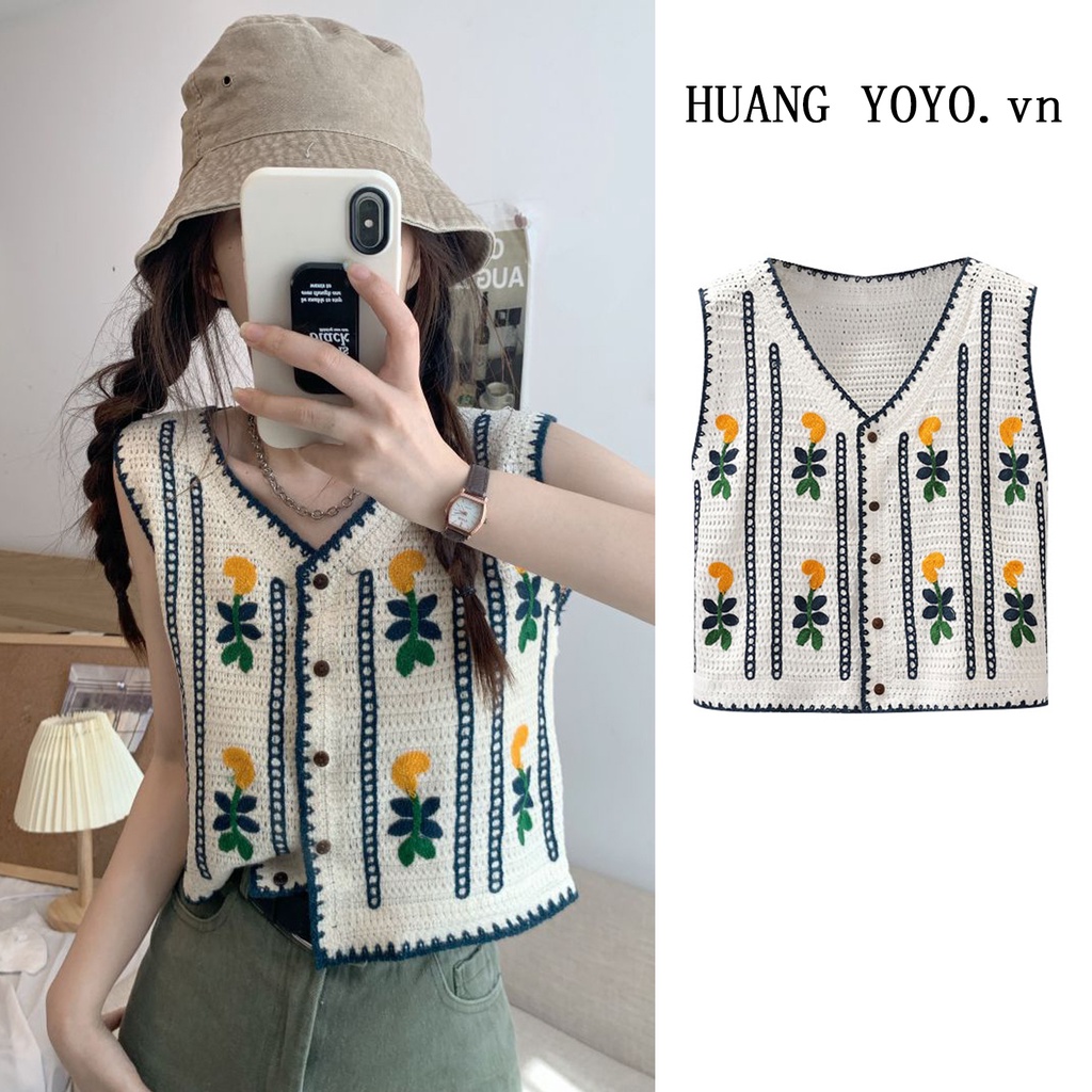 HUANG YOYO Áo Croptop Len Không Tay Cổ Chữ v Thời Trang Thu Đông Phong Cách Hàn Quốc Cho Nữ