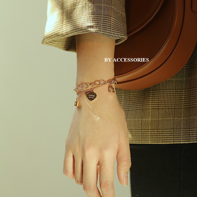 Lắc tay titan xích kép ổ khóa trái tim Love NY không gỉ