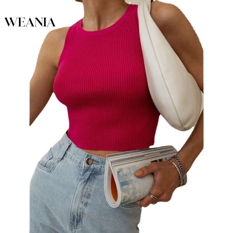 Áo Tank Top Dệt Kim Cổ Tròn Thiết Kế Đơn Giản Quyến Rũ Cho Nữ