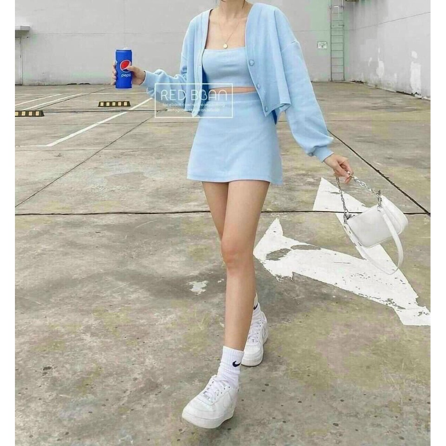 Miễn phí ship 2022 ] Set 3 món,  váy body áo 2 dây croptop kèm cadigan dài tay dáng ôm ngắn siêu dễ thương