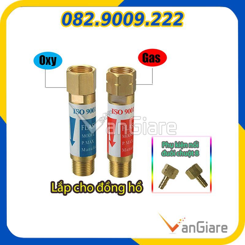 (Lắp đồng hồ) Van chống cháy ngược oxy, gas ren 14mm 17mm
