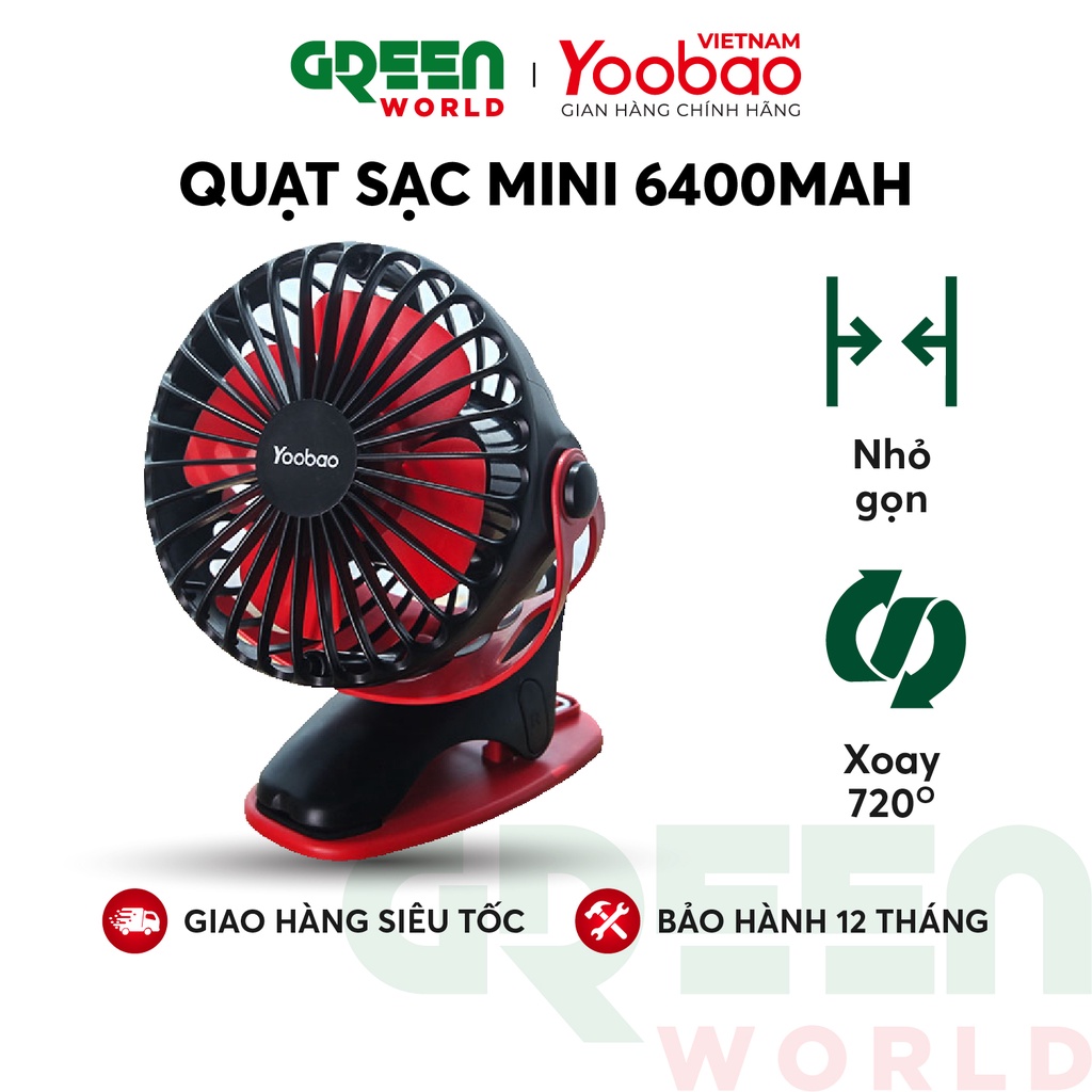 Quạt sạc mini xoay góc 720 độ, đế kẹp đa năng hoặc đặt bàn với 4 nấc điều chỉnh gió (6400mAh) YOOBAO F04