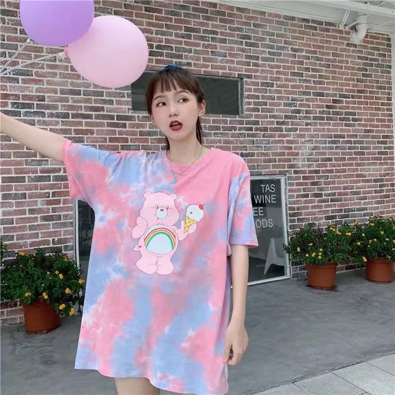 ins tie-dyed bear new western style short-sleeved t-shirt women loose Korean version of the trendy net red Harajuku strange blouse body fabric