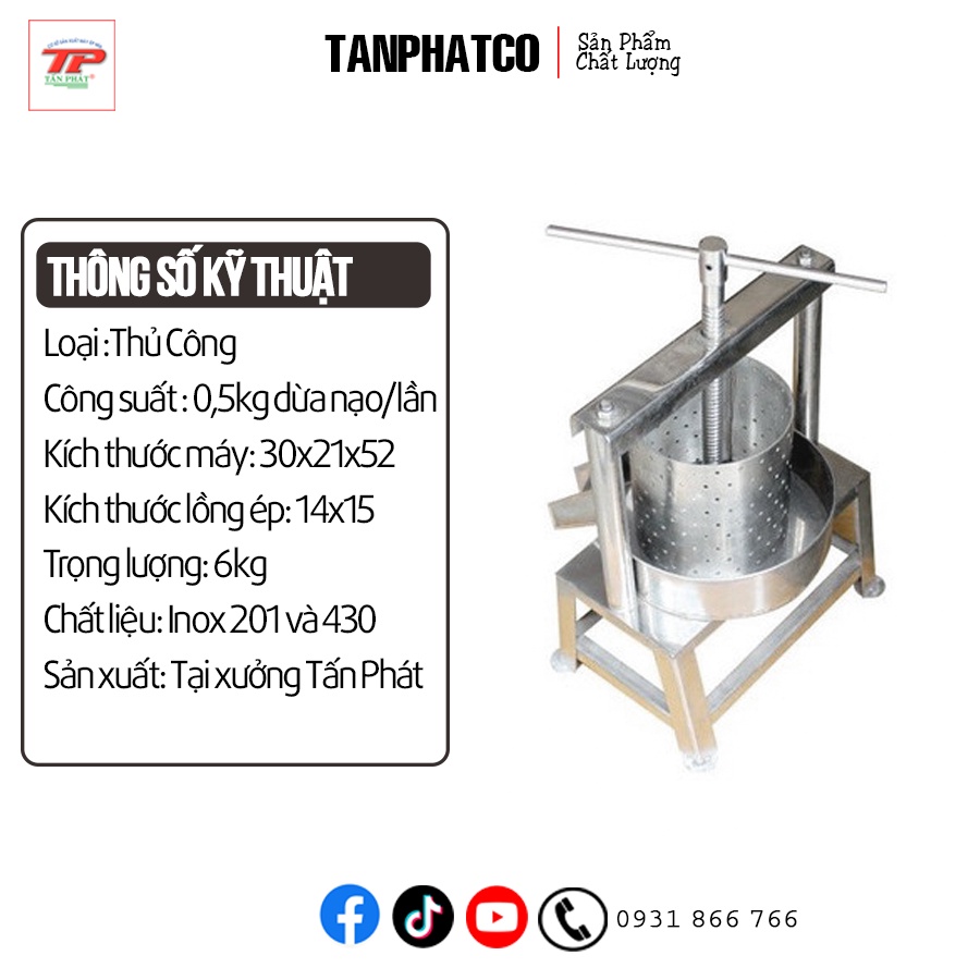 Máy vắt ép nước cốt dừa , vắt ép nước gỏi, ép tóp mỡ bằng tay inox nhỏ 14cm