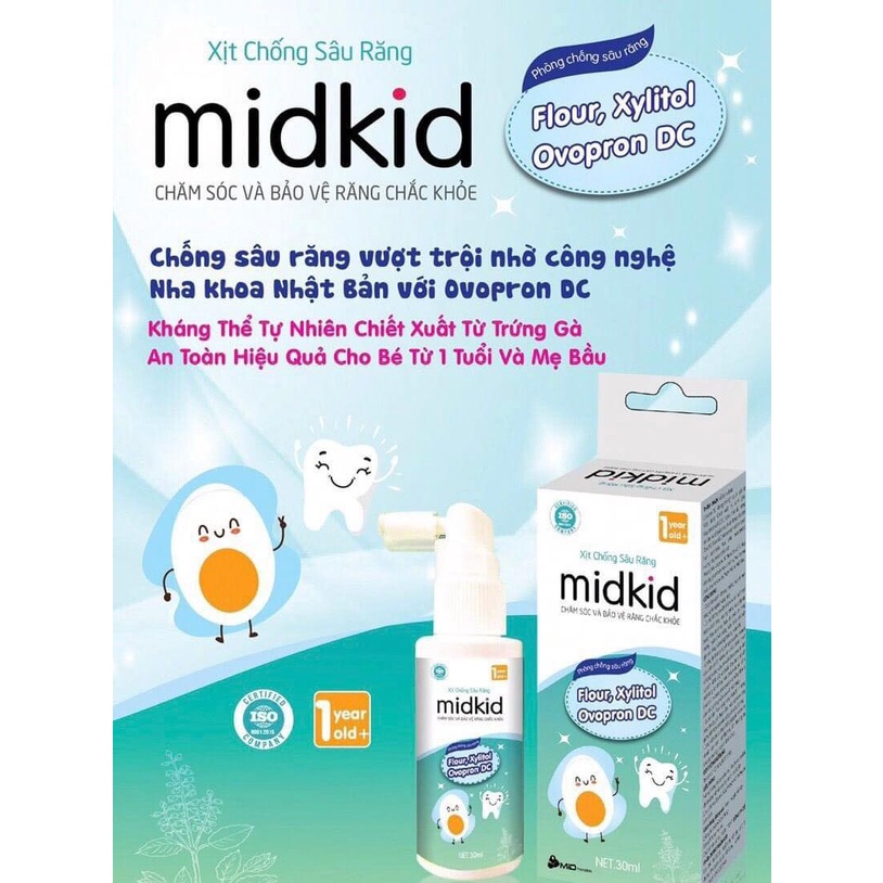 Xịt chống sâu răng Midkid cho bé giúp bảo vệ men răng, ngăn ngừa ố vàng, hà mủn, viêm lợi, phù hợp cho trẻ em từ 1 tuổi