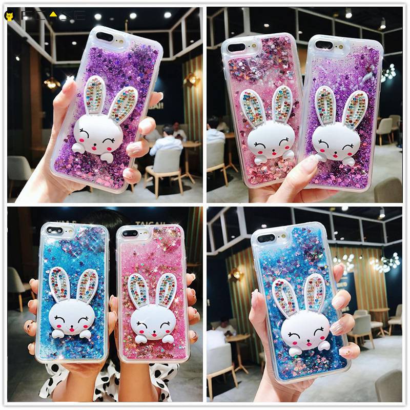 Xiaomi Redmi Note 9 9S 8T 8 7 6 5 Pro Max Phone Case Quicksand Liquid Rabbit Holder Stand Glitter Bling Cartoon Cute Clear Transparent Soft Case Cover