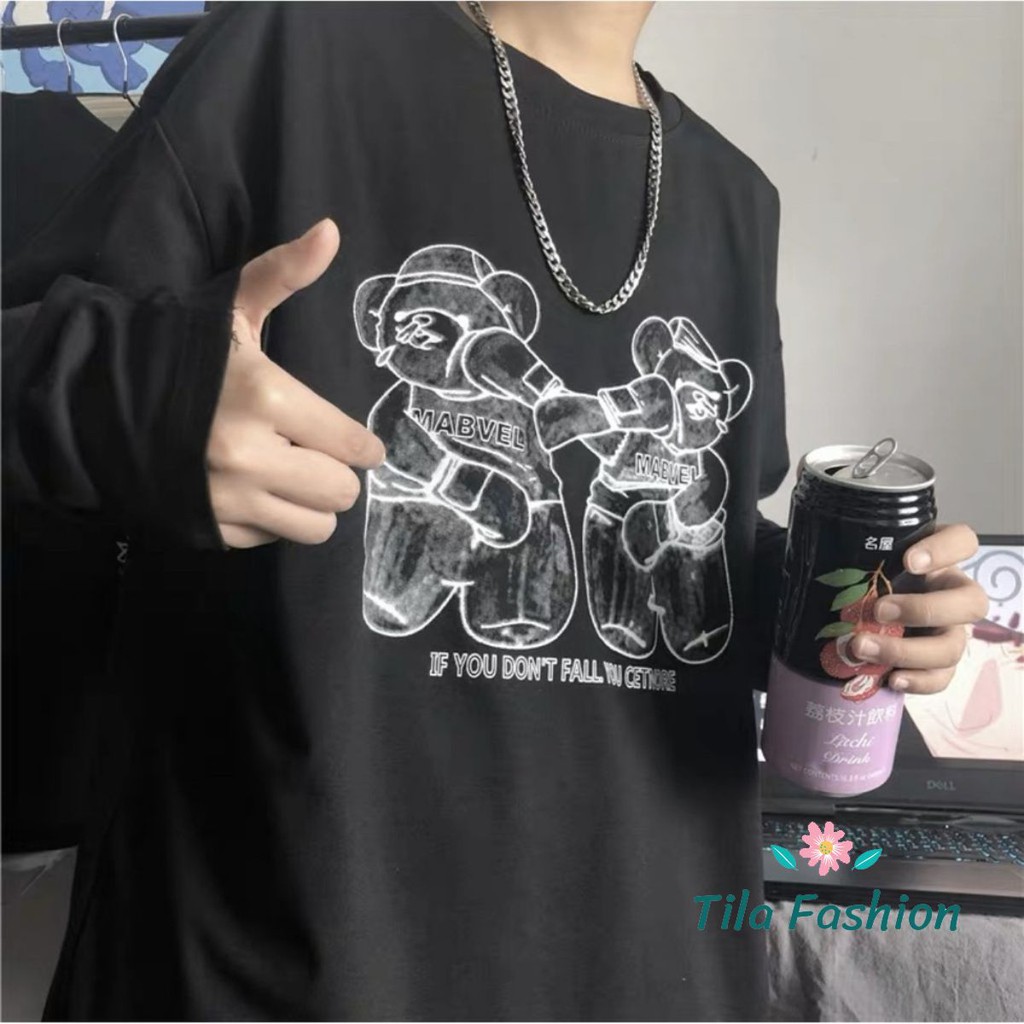 Áo thun tay dài phom rộng phong cách Hàn Quốc in hình 2 con gấu boxing siêu cá tính