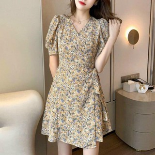 Đầm công sở hoa nhí đắp tà cổ v| đầm dáng xòe