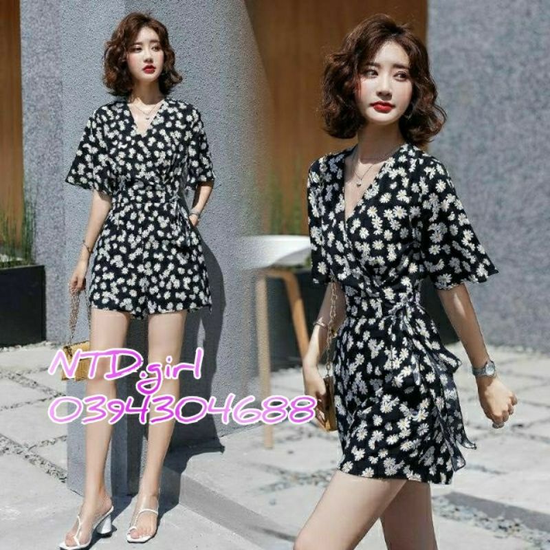 Hàng nhập - Jumpsuit ngắn voan in hoa cúc nhí, bộ jum short đùi ống rộng trẻ trung sang chảnh