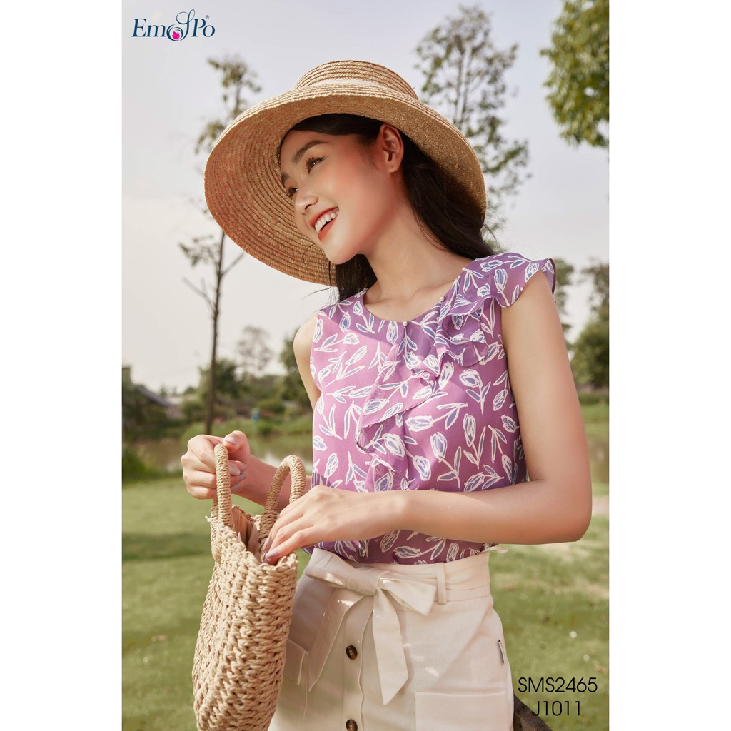 Áo sơ mi hoa sát nách, phối bèo lệch Emspo SMS2465 (Tím, Tím than)