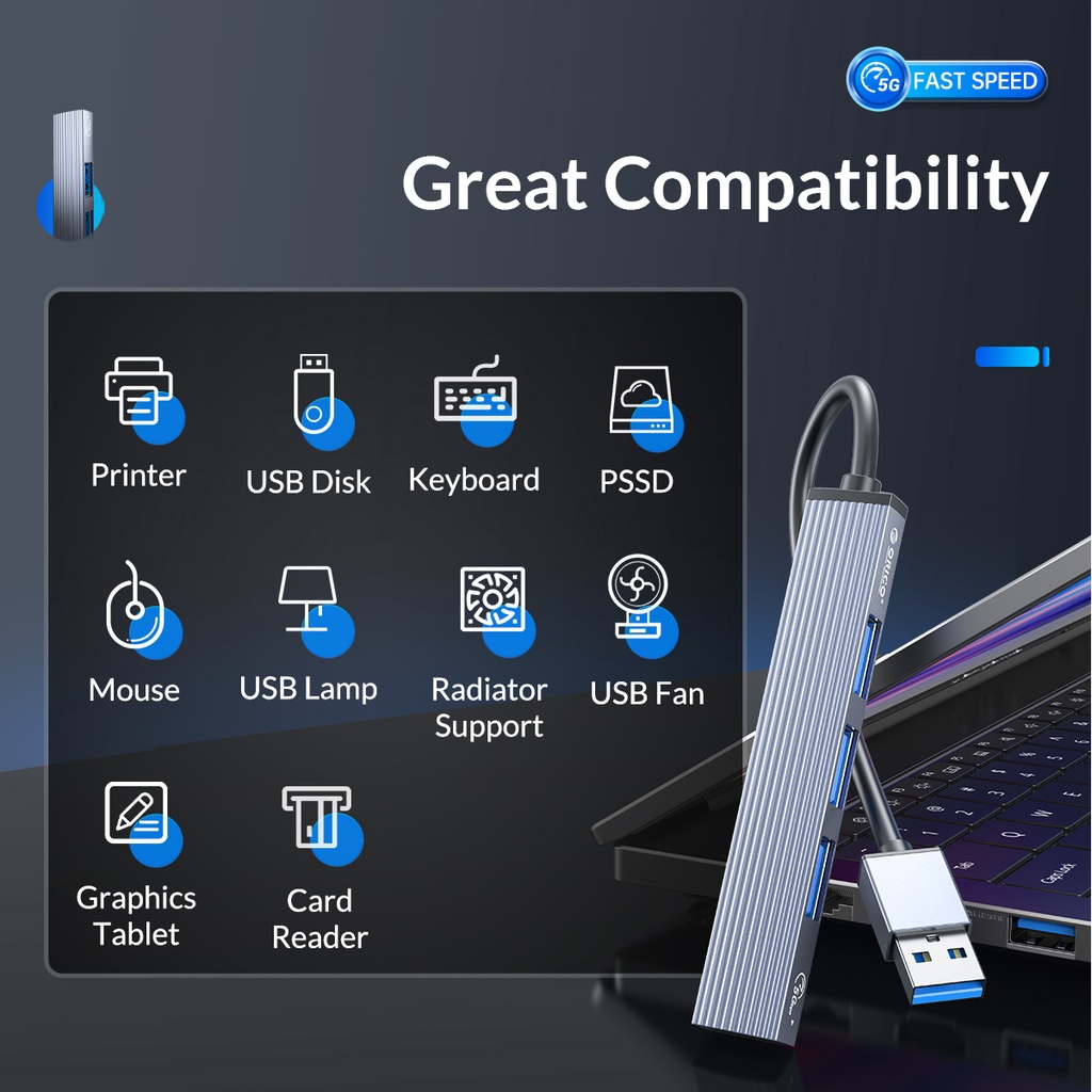 Bộ hub ORICO AH-A13/AH-A12F kiêm đầu đọc thẻ nhớ 4 cổng USB 3.0 2.0 bằng nhôm