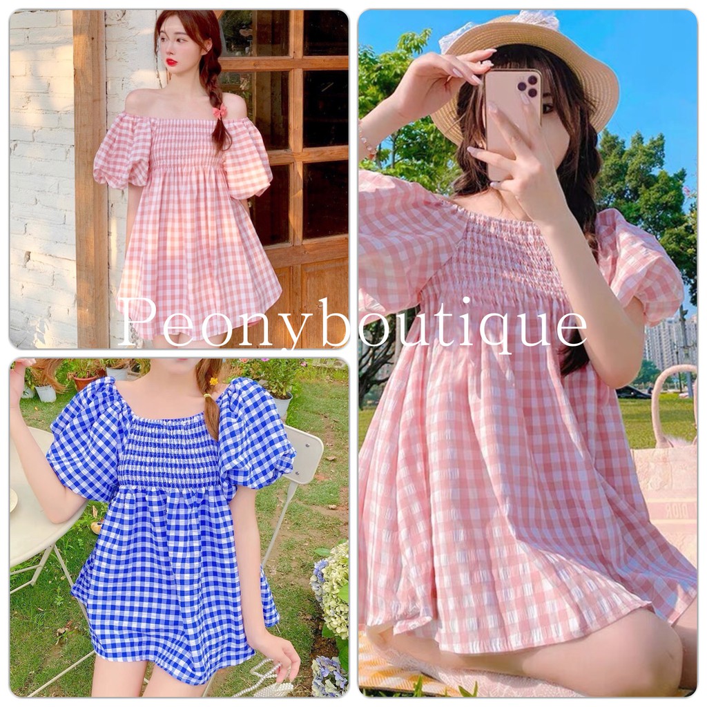 Đầm Trễ Vai Tay Bồng Caro PEONYB Nữ [FREESHIP] 🌸 Váy babydoll hở lưng bánh bèo tiểu thư màu XANH | HỒNG Ulzzang HOT 🌸 | BigBuy360 - bigbuy360.vn