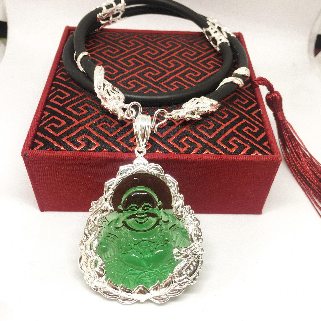 Dây chuyền Phong thủy Mặt Di Lạc Đá Obsidian Xanh Song Long Bạc Thái Cao Cấp | Jewelry Bảo Tín (dây và mặt) ( Màu bạc)