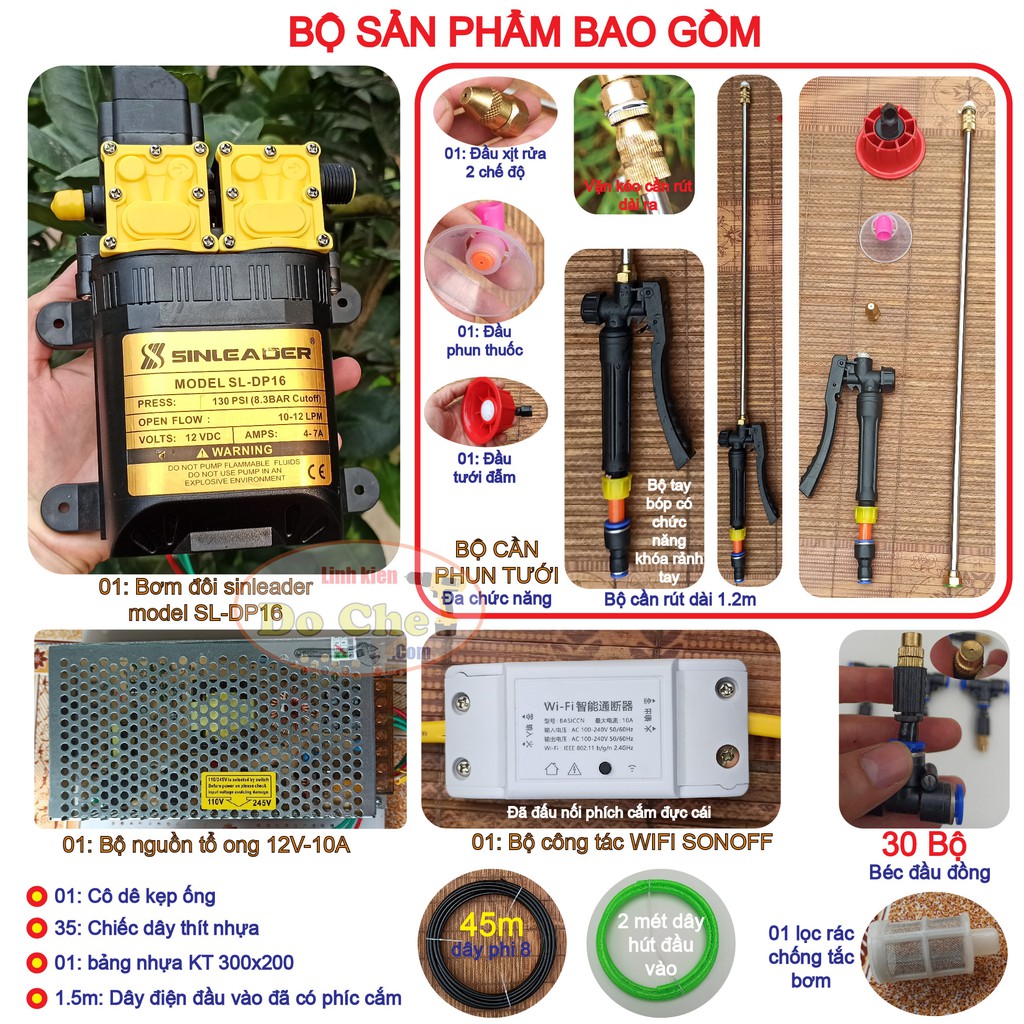 Bộ máy bơm đôi 12V phun sương tưới lan tưới hoa tưới rau tự động