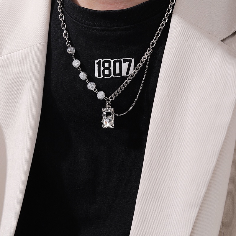 Vòng cổ Thép Titan Đính Hạt Ngọc Trai Giả Phong Cách Hip hop Cổ Điển