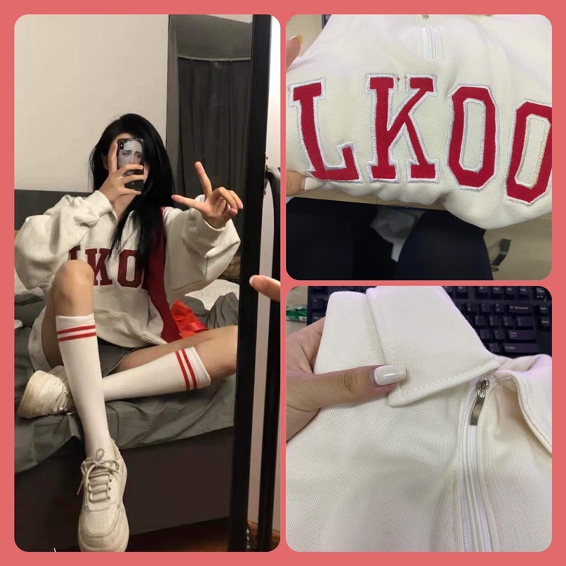 Áo Nỉ Polo Nữ♥️freeship♥️ Sweater zip LKOO nỉ bông dài tay bồng form rộng Ulzzang(hàng sẵn)