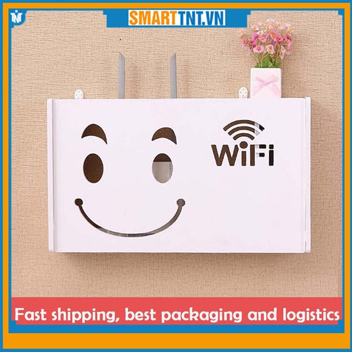 Kệ wifi chữ nhật hình mặt cười treo tường bằng gỗ, hàng đẹp Smarttnt.vn