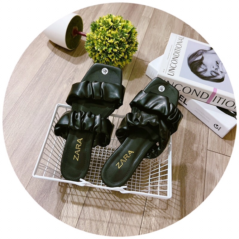 Dép 2 quai nhún da lì gót vuông 4 phân dễ đi