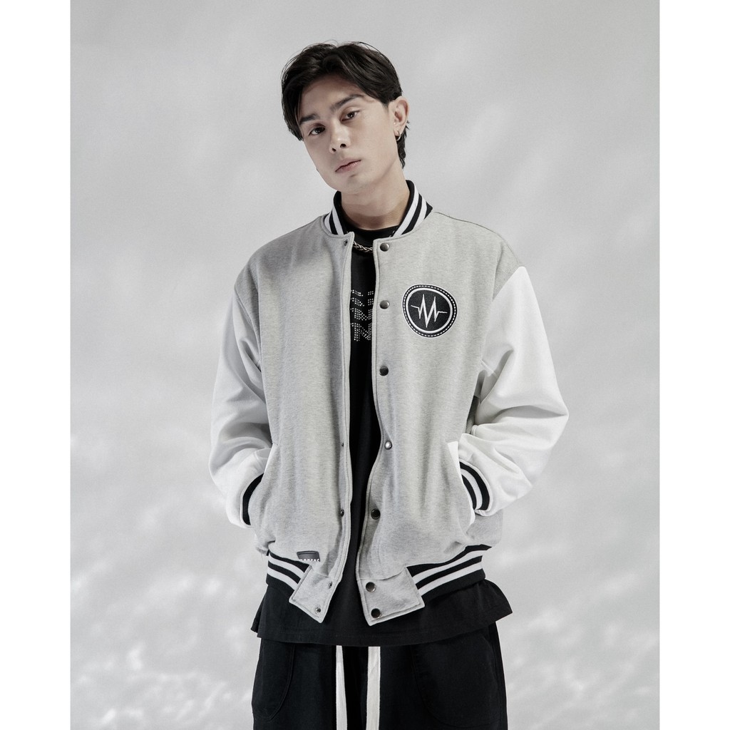 Áo Bomber Nỉ MENTAL® /College Varsity Jacket/ Xám Trắng