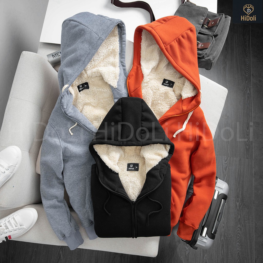 Áo khoác nỉ lót lông cừu dày dặn ấm áp trơn 5 màu hoodie khóa kéo thời trang