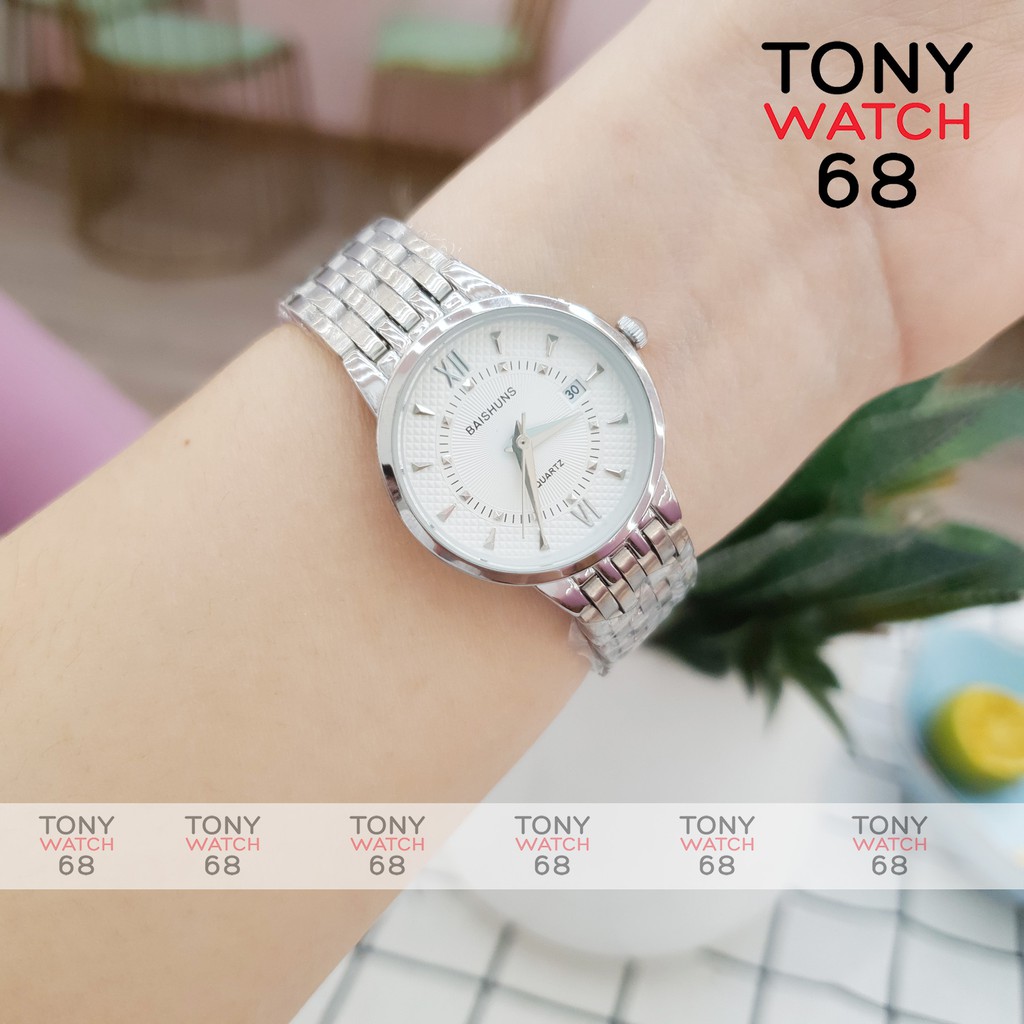 Đồng hồ cặp đôi nam nữ Baishuns mặt tròn trắng dây kim loại bạch kim chính hãng Tony Watch 68 | BigBuy360 - bigbuy360.vn