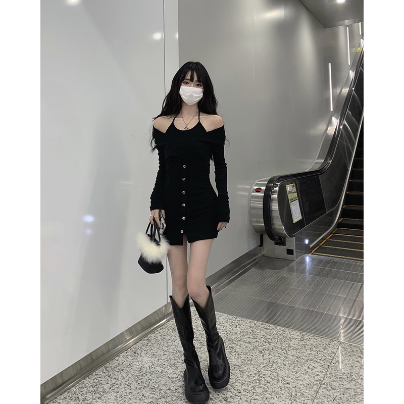 - (MUA Ở GIỎ LIVE ĐỂ ÁP MÃ) Quà tặng sinh nhật,bạn gái,cho nữ,tết Đầm thun dáng ngắn tay dài cổ yếm(kèm fb