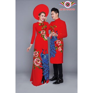ÁO DÀI CƯỚI NAM NỮ-IN 3D HỌA TIẾT CHIM CÔNG VẢI LỤA #ADC