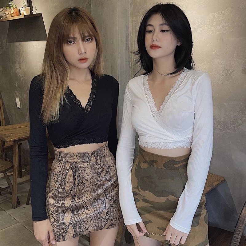 Áo croptop tay dài cột eo viền ren siêu xinh xắn [ ẢNH THẬT ]
