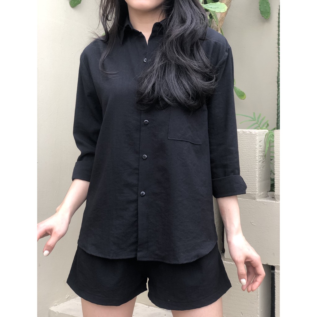 Set sơ mi đũi dài tay mix quần short trắng | BigBuy360 - bigbuy360.vn