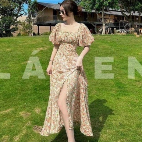 Đầm hoa maxi cổ vuông tay ngắn phồng dáng xoè phù hợp đi tiệc đi biển thời trang mùa hè stclothing