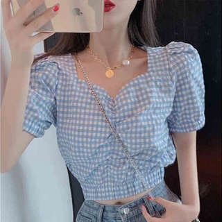 Áo croptop cổ vuông in sọc caro thời trang
