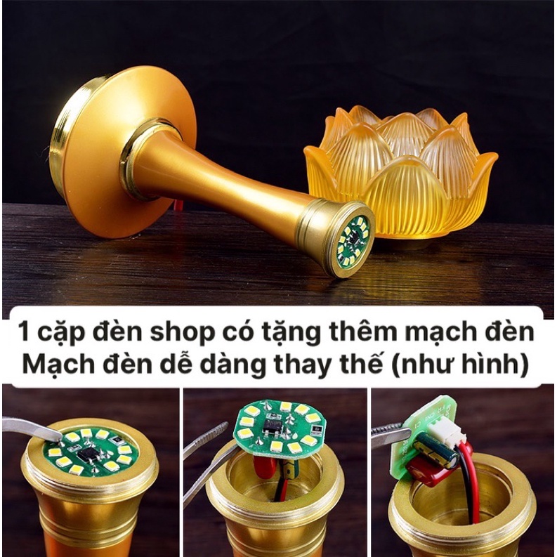CẶP 2 CÂY ĐÈN LED HOA SEN LƯU LY THỜ CÚNG TRANG TRÍ
