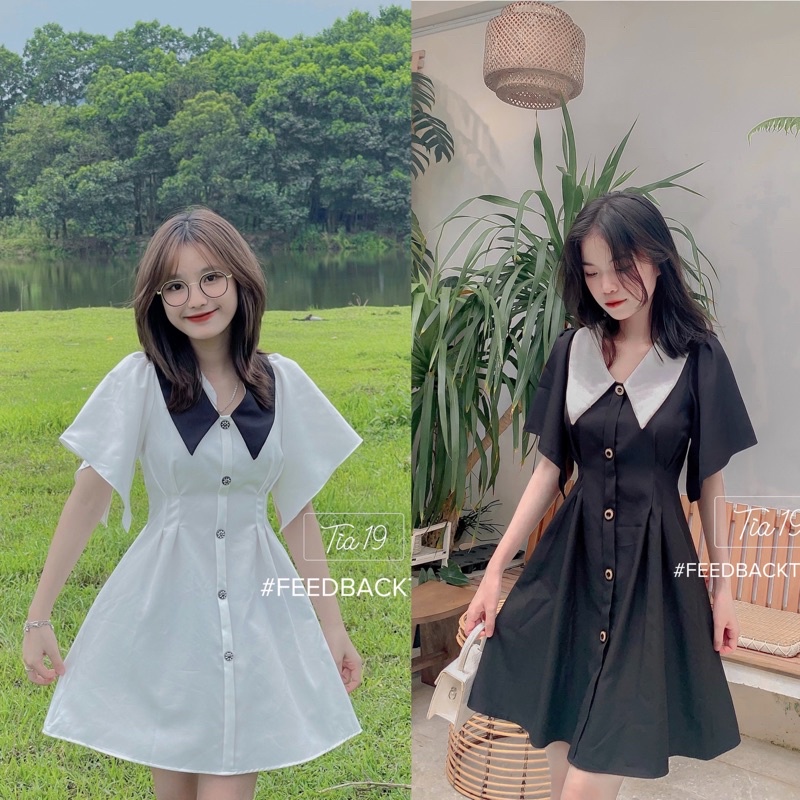 Váy cổ V tay xoè ulzzang Tia19. Đầm pha trắng đen dự tiệc cutout tay rộng