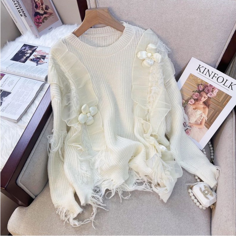 Áo Sweater Dệt Kim Mềm Dáng Rộng Phối Bèo Kiểu Hàn Quốc Thời Trang Mùa Thu Cho Nữ