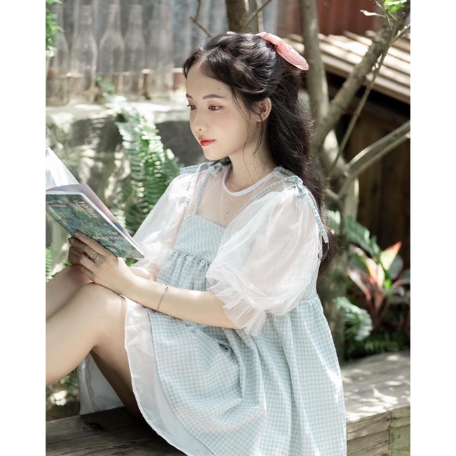 Áo babydoll tay phồng phối ren lưới caro nhí xanh bơ x váy quần xoè V - Tiny Babydoll - CARROTFARM