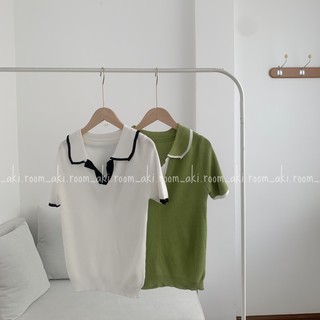 Áo len mỏng cộc tay cổ bẻ viền màu