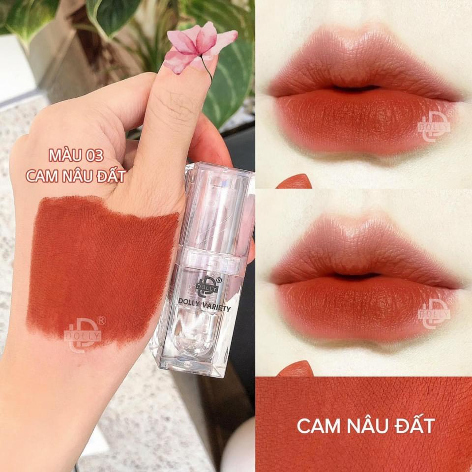 [03 Cam Nâu Đất] Son Sáp Phủ Phấn Dolly Variety Colour Không Chì Siêu Lì Mềm Môi Vỏ Trong Suốt