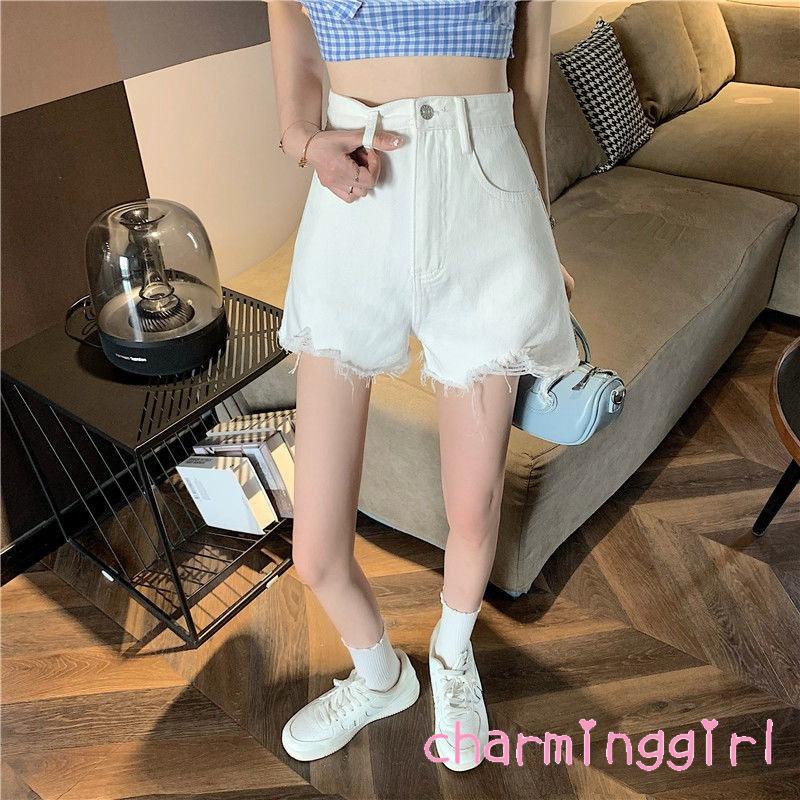 Quần short denim lưng cao ống rộng rách gối thời trang cho nữ
