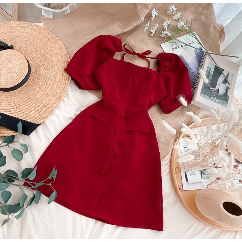 đầm basic 2 màu nút giả nơ cổ