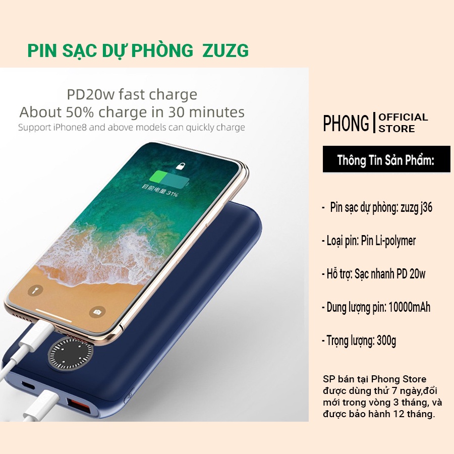 Sạc dự phòng ZUZG J36C chính hãng , Pin dự phòng 10000mah sạc nhanh 2 chiều PD 22.5w - PHONG STORE