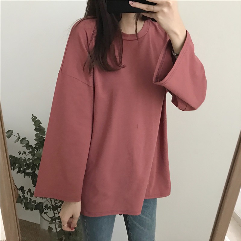 (Sẵn) áo thun tay dài ulzzang áo thu đông áo phông trơn dài tay mỏng form rộng tay rộng free size