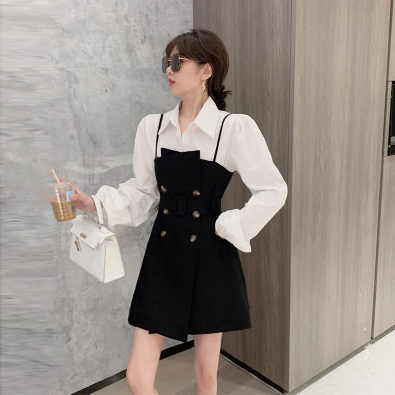 Set Áo Sơ Mi Trắng Tay Dài Phồng + Đầm Hai Dây Phong Cách Hong Kong Thời Trang Cho Nữ