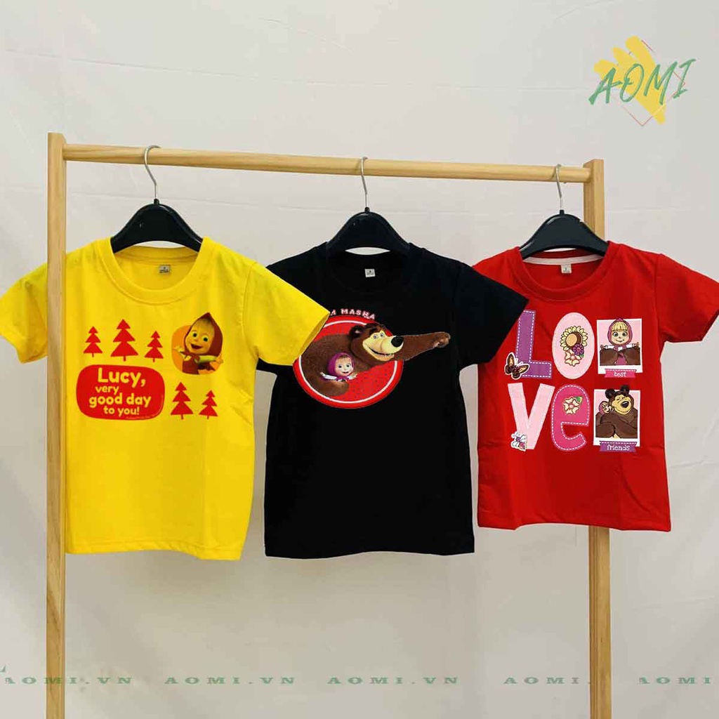 ÁO THUN UNISEX masha and bear gấu nâu PHÔNG VÀNG TAY NGẮN NAM NỮ GIA ĐÌNH CẶP ĐÔI SIZE TRẺ EM BÉ TRAI GÁI AOMIVN