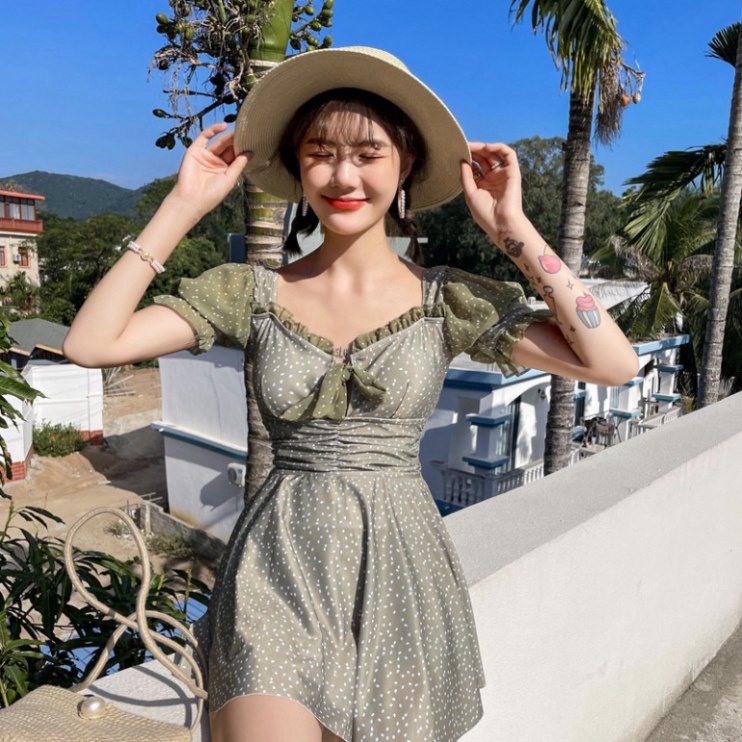 Bikini 1 mảnh Nữ  kín đáo LUHAZO đi biển Đan lưng Tay Phồng 6109&amp;8054 DK2T401