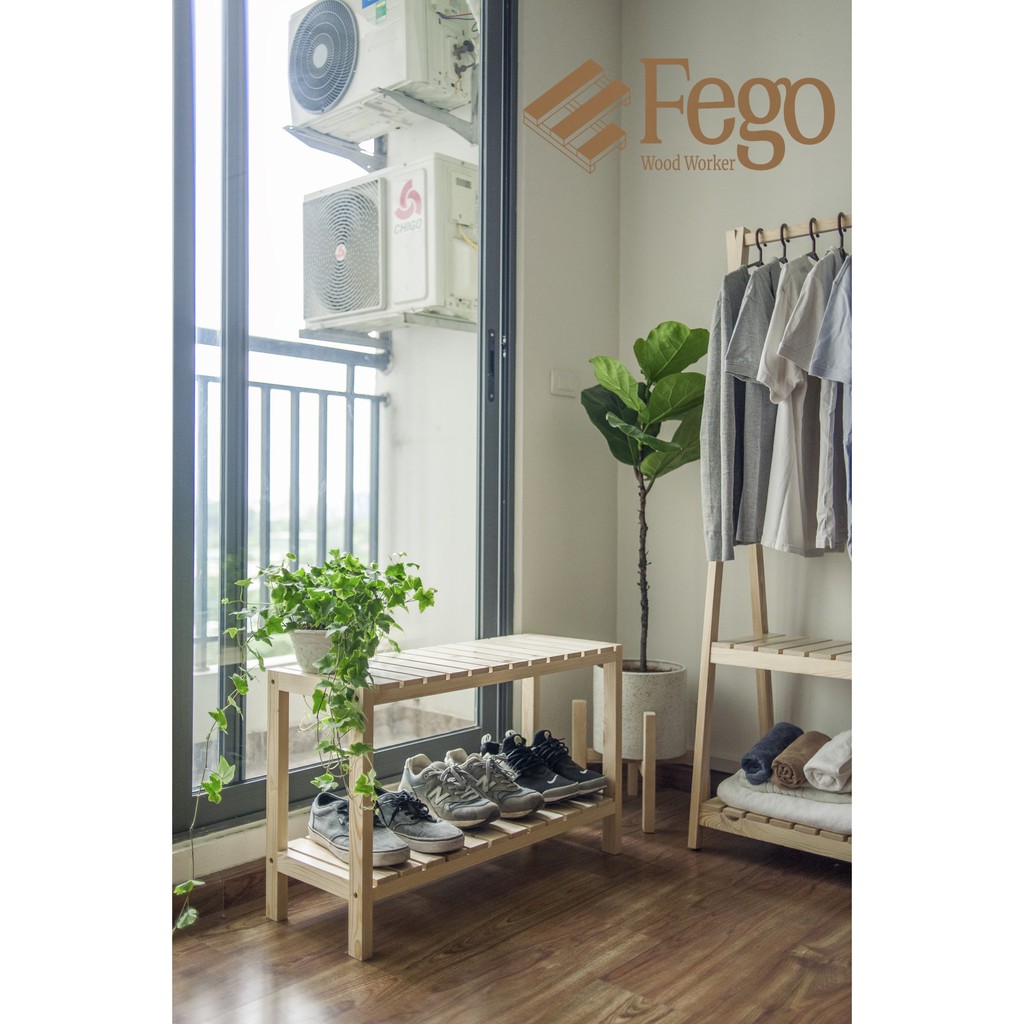 Giá đựng giày dép gỗ thông tự nhiên Fego 2 tầng ngăn nan