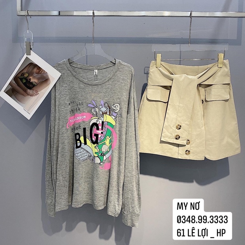 set áo pull + quần giả váy be