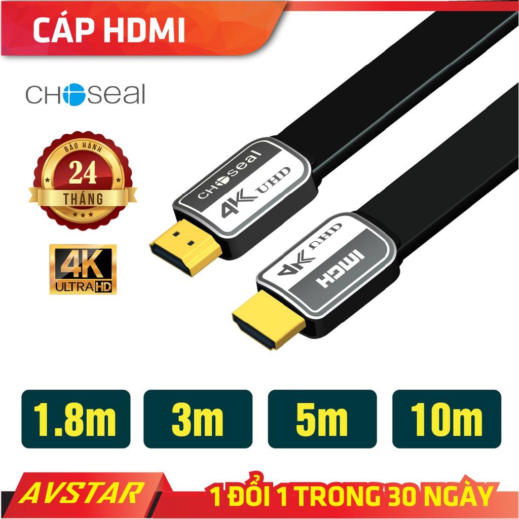 【Chính hãng】Dây Cáp HDMI CHOSEAL 2.0/4K , Hỗ trợ 3D, Cao Cấp tốc độ cao, loại dẹt 1,8m, 3m, 5m, 10m, tivi, máy tính